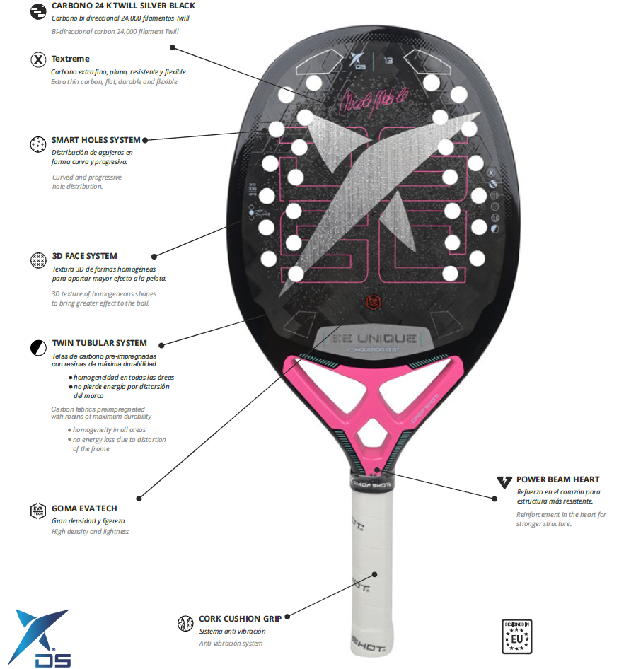 Drop Shot Conqueror 13 BT Beach Tennis Racket – 24K Carbon Twill + Sand Treatment